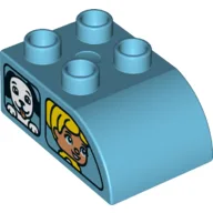Duplo Brick 2 x 3 with Curved Top with Dual Side Print, Car Windows / Side A Duplo Girl and Dog / Side B Boy and Cat / Medium Azure
