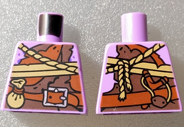 Lego Torso Dark Orange and Reddish Brown Tattered Shirt, Belt with Silver Buckle, Tan Ropes and Pouch, Slingshot on Back Pattern