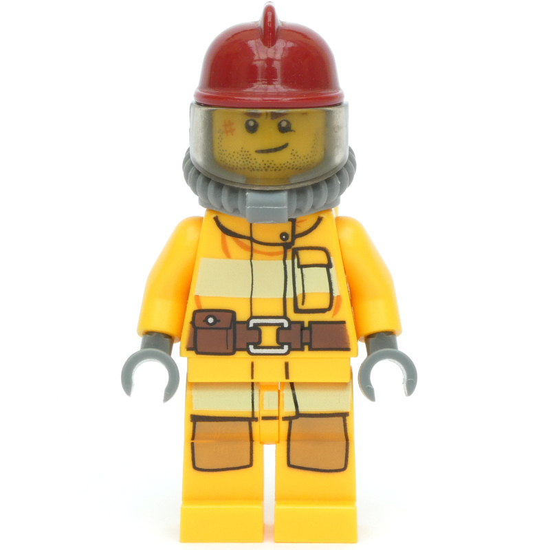 Lego Fireman, Bright Light Orange Fire Suit, Dark Red Helmet, Breathing Apparatus, Airtanks, Stubble and Scar