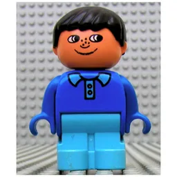 Duplo Figure, Early with Joined Legs Light Blue, with Light Blue Collar, Freckles, and Black Hair / Blue