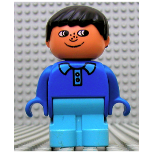 Lego Duplo Figure, Early with Joined Legs Light Blue, with Light Blue Collar, Freckles, and Black Hair / Blue