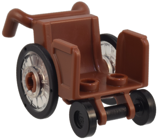 Lego Minifigure, Utensil Wheelchair with Open Sides and High Arm Rests with Trans-Clear Wheelchair Wheels with Technic Pin Hole and Black Trolley Wheels (80440 / 80441pb01 / 2496)
