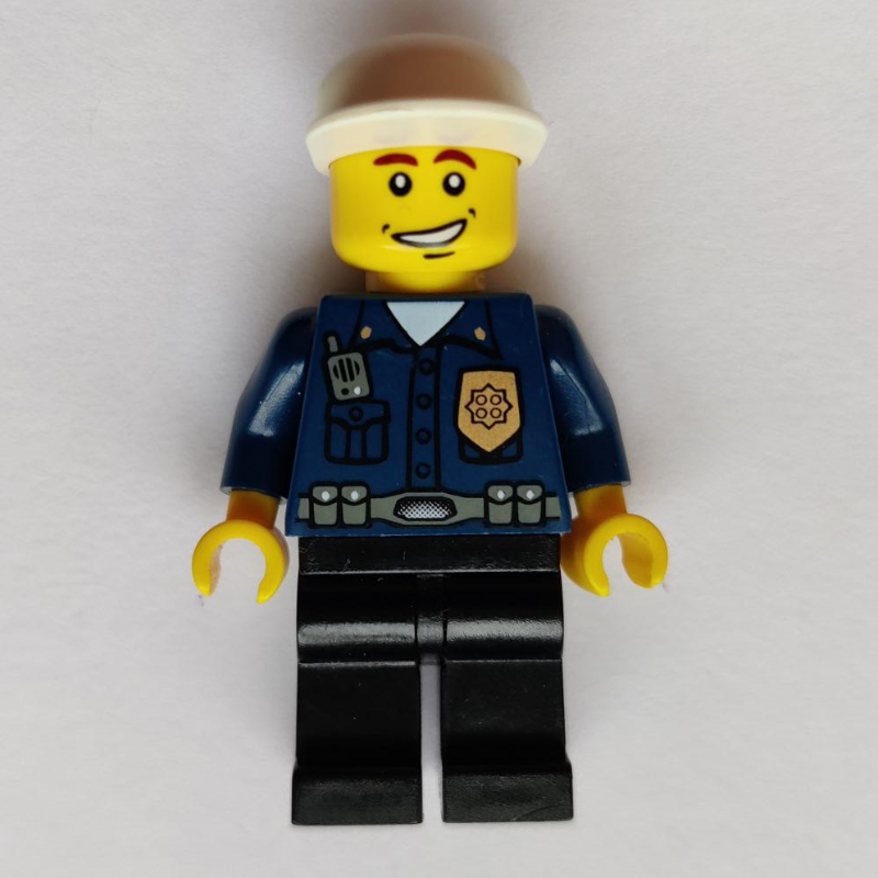 Lego Policeman, Dark Blue Shirt with Radio and Badge, Black Legs, Black Cap, Smile