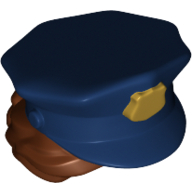 Lego Hair and Hat, Bun, Police with Dark Blue Top with Gold Badge and Reddish Brown Hair Print / Reddish Brown