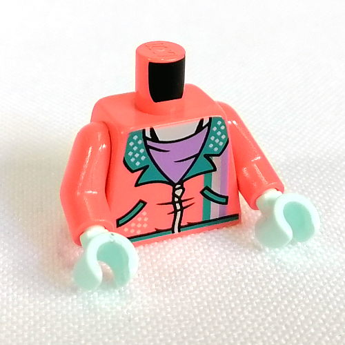 Lego Torso Jacket, Dark Turquoise Trim, Lavender Shirt Print, Coral Arms, Light Aqua Hands / Coral