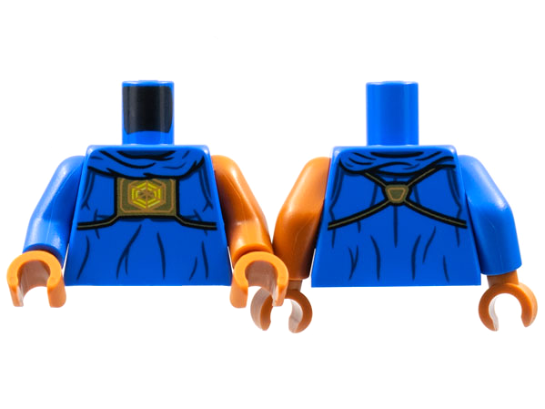 Lego Torso Robe, Gathered Collar, Gold Panel with Hexagon Symbol, Dark Blue Gather Lines Pattern / Dark Orange Arm Left / Blue Arm Right / Dark Orange Hands