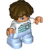 Duplo Figure Child with Short Wavy Hair Dark Brown, with Bright Light Blue Legs, Shirt with Azure and Aqua Stripes and Pocket Print / White