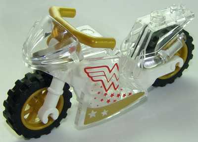 Lego Motorcycle Sport Bike with White Frame, Pearl Gold Wheels and Angular Handlebars with Wonder Woman Pattern on Both Sides (Stickers) - Set 41235