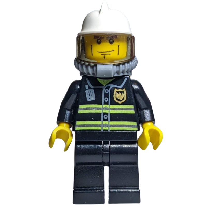 Lego Fireman, Black Fire Jacket with Radio and Badge, White Helmet, Airtanks, Breathing Apparatus