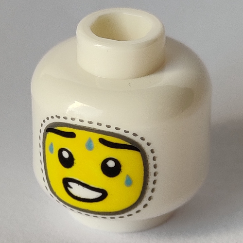 Lego Minifig Head, Balaclava, Sweat Beads, Crooked Smile (Cringe) print / White