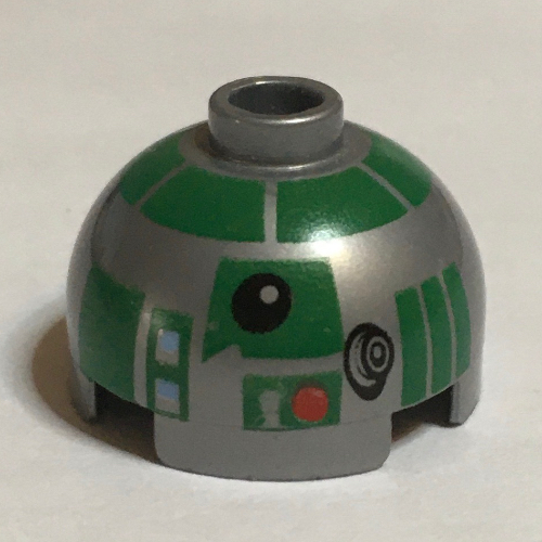 Lego Brick Round 2 x 2 Dome Top, Hollow Stud with Green Astromech Droid Print (R3-D5) / Flat Silver