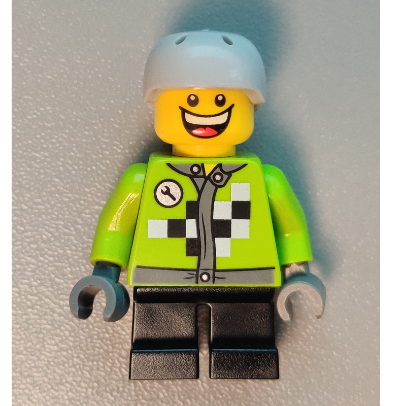 Lego Boy, Lime Jack with Black and White Checks, Short Black Legs, Light Bluish Gray Helmet