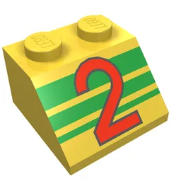Brick Sloped 45° 2 x 2 with Red '2' and Green Stripes Print / Yellow