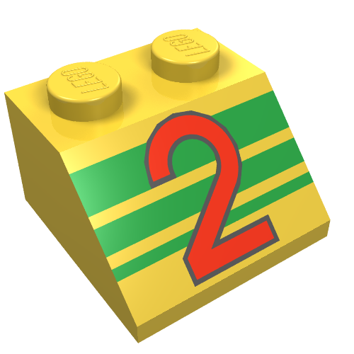 Lego Brick Sloped 45° 2 x 2 with Red '2' and Green Stripes Print / Yellow