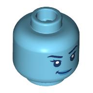 Lego Minifig Head Margo Kess, Dark Blue Eyebrows, Eyes, Blue Lips, Smirk / Scared / Medium Azure
