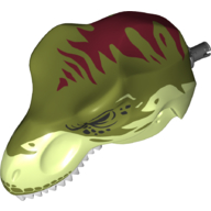 Lego Animal Body Part, Dinosaur, Tyrannosaurus Rex Head with Pin, White Teeth, Olive Green Top and Dark Red Stripes Print / Yellowish Green