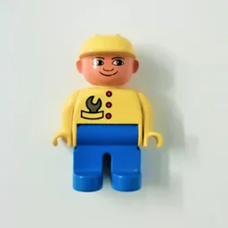Duplo Figure, Early, Hard Hat Yellow, Blue Legs, Wrench in Pocket Print / Yellow