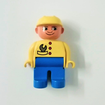 Lego Duplo Figure, Early, Hard Hat Yellow, Blue Legs, Wrench in Pocket Print / Yellow
