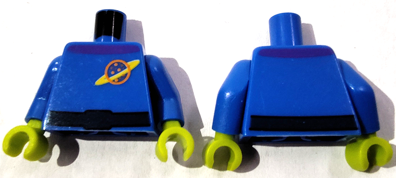 Lego Torso Space Uniform with Orange and Yellow Ringed Planet Logo, Dark Blue Belt, Dark Purple Collar Pattern / Blue Arms / Lime Hands
