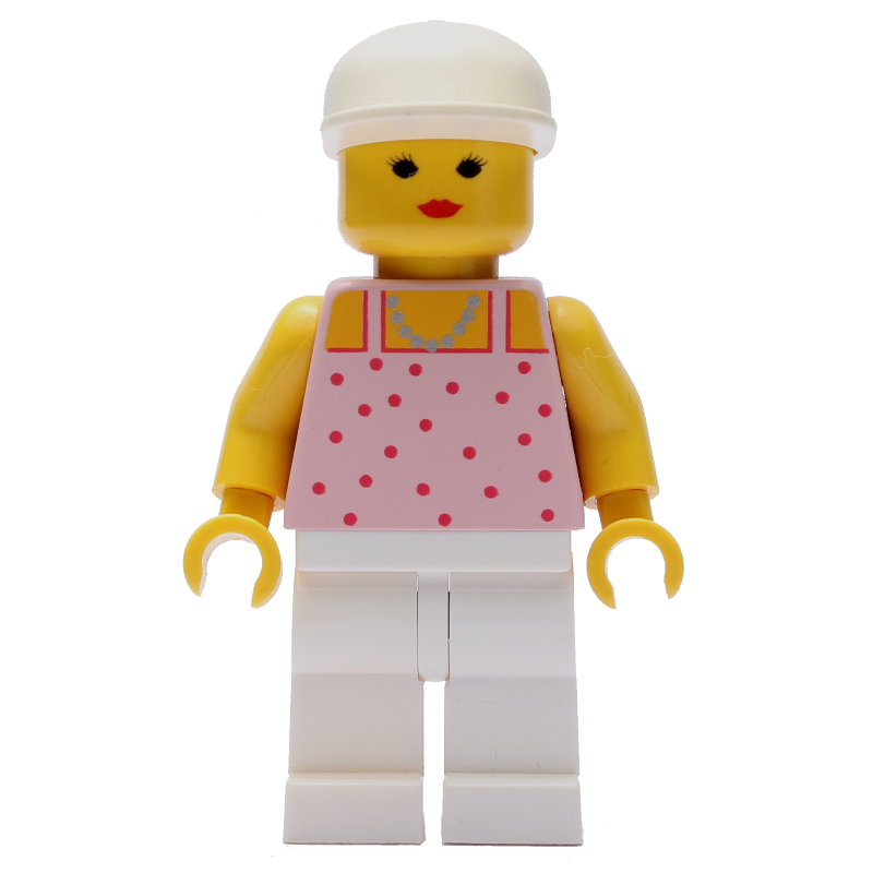 Lego Woman, Pink Top with Spots, White Legs, White Cap