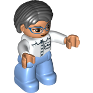 Lego Duplo Figure Bob / Pageboy Hair Black, with Medium Blue Legs, White Top with Pocket, White Arms, Blue Glasses / White
