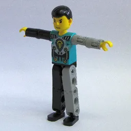 Technic Figure Black/Light Gray Legs, Dark Turquoise Torso with Yellow, Black, Silver Print, Light Gray Mechanical Left Arm / [No Color/Any Color]