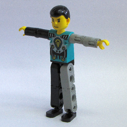 Lego Technic Figure Black/Light Gray Legs, Dark Turquoise Torso with Yellow, Black, Silver Print, Light Gray Mechanical Left Arm / [No Color/Any Color]
