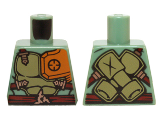 Lego Torso Ninjago Olive Green and Orange Body Armor with Dark Red Straps and Belt Pattern