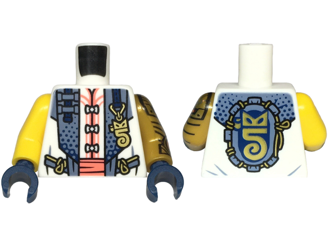 Lego Torso Robe Open with Sand Blue Hems and Gold Highlights over Tang Jacket, Coral Sash Pattern / Pearl Gold Arm Left with Armor Pattern / Yellow Arm Right / Dark Blue Hands