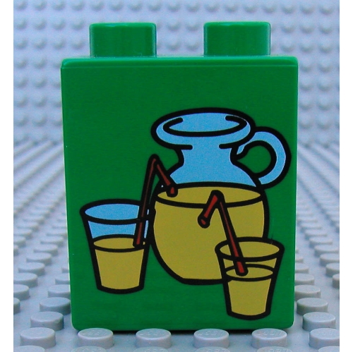 Lego Duplo Brick 1 x 2 x 2, with Lemonade Pitcher and Glasses Print / Green