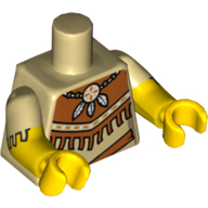 Lego Torso, Dual Molded Arms, American Indian, Tribal Necklace, 3 Feathers, Fringe Print, Tan Sleeves Pattern, Yellow Arms and Hands / Tan