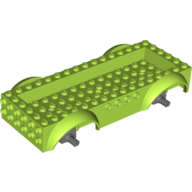 Lego Vehicle Base 8 x 16 with Wheel Arches, Front and Side Studs, and 4 x 14 Recessed Studded Section, 3 Holes, Dark Bluish Gray Wheel Clip Pins / Lime