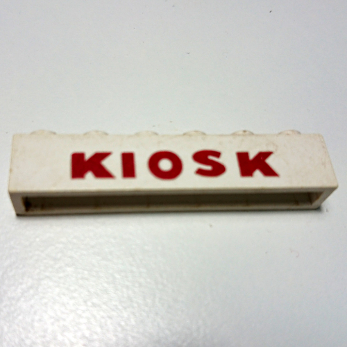 Lego Brick 1 x 6 without Bottom Tubes with Cross Side Supports with 'KIOSK' Sans-Serif Thick Red print / White