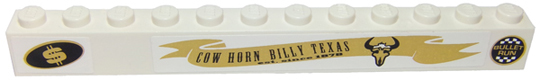 Lego Brick 1 x 12 with 'BULLET RUN', Dollar Sign and 'COW HORN BILLY TEXAS' Pattern Model Left Side (Stickers) - Set 8147