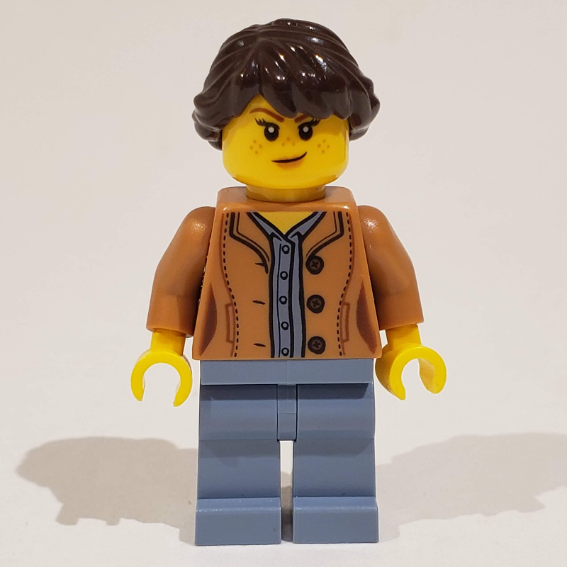 Lego Woman, Medium Nougat Jacket, Sand Blue Legs, Dark Brown Hair