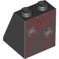Lego Brick Sloped 65° 2 x 2 x 2 with Bottom Tube with Red Spider Web and 2 Silver Spiders Print / Black