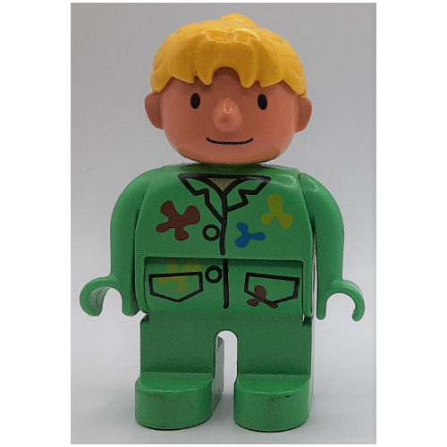 Lego Duplo Figure, Early, Ponytail Yellow, Overalls with Paint Splashes Print (Wendy) / Bright Green