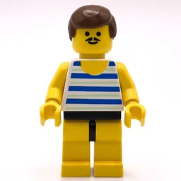 Man, Blue and White Striped Swimsuit, Brown Hair, Moustache
