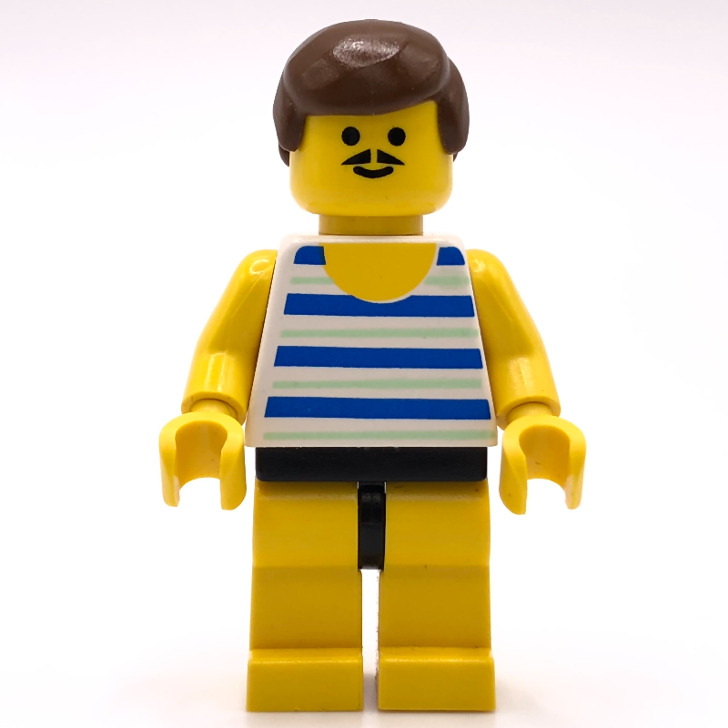 Lego Man, Blue and White Striped Swimsuit, Brown Hair, Moustache