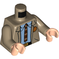 Lego Torso Jacket, Bright Light Blue Shirt, Reddish Brown Ty, Black Belt / Orange 'VARIANT' print, Dark Tan Arms, Light Nougat Hands / Dark Tan
