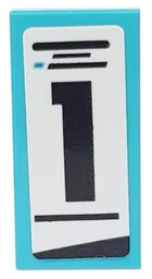Tile 1 x 2 with Black Lines and Number 1 on White Background Pattern Model Left Side (Sticker) - Set 76898 / Medium Azure