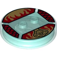 Function Brick Round 4 x 4 x 2/3 with 2 Studs and Gold Chima Lion Symbol and Red Fire Print / Trans-Light Blue