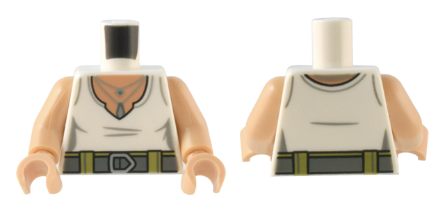 Lego Torso Female Shirt, Dark Bluish Gray Belt with Buckle and Silver Necklaces Pattern / Medium Tan Arms / Medium Tan Hands