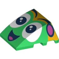 Brick Wedged, Curved 4 x 3 No Studs with Face, Black Eyes, Open Smile Mouth Print / Green