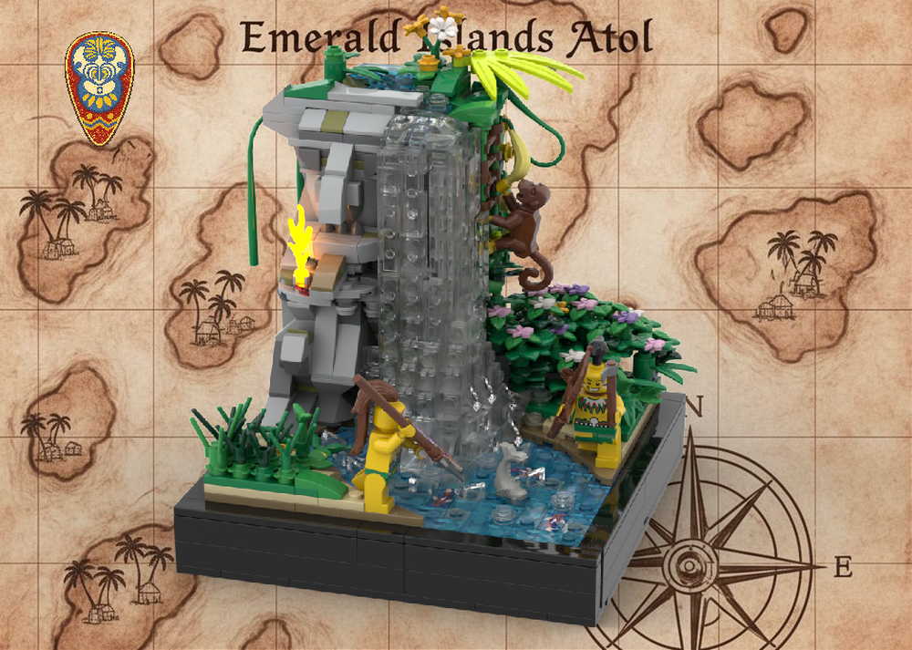 Lego 🗿 CARVED GOD WATERFALL - Sacred Islanders Shrine with Ritual Fire & Fishing