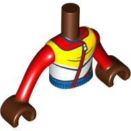 Lego Minidoll Torso Boy with White/Yellow Shirt, Dark Red Strap, Sleeves, Blue Belt print, Reddish Brown Arms and Hands / Reddish Brown