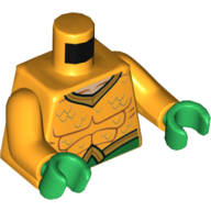 Lego Torso Muscles, Gold Collar and Belt with 'A' Buckle Print (Aquaman), Bright Light Orange Arms, Green Hands / Bright Light Orange