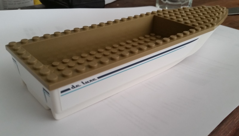 Lego Boat, Hull Unitary 28 x 8 with Dark Tan Top with Dark Blue 'de luxe' and Stripes Pattern on Both Sides (Stickers) - Set 60221