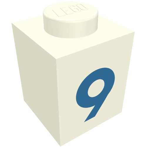 Lego Brick 1 x 1 with Blue '9' Print (Bold Font) / White