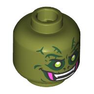 Lego Minifig Head The Lizard, Dark Green Scales, Eyeshadow Lime Eyes, Dark Pink Fangs, White Teeth / Olive Green